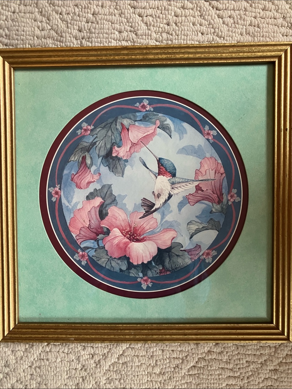 Floral Hummingbird Wall Art double matted circular framed vintage 90s